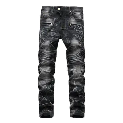 (black, XXXXL) Fashion Men&apos;s Casual Stretchy Pleated Jeans Slim Fit Denim Pants