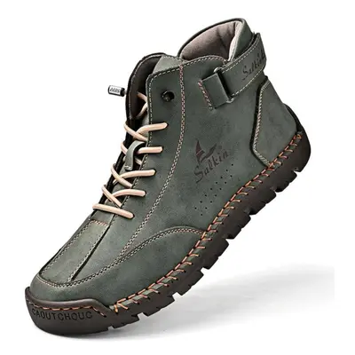 (green, 45) Handmade Split Leather Boots Men Shoes Comfortable Ankle Boots For Men Casual Shoes 