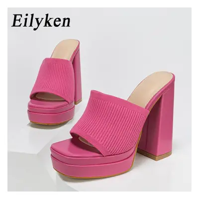 (rose red, 37) Eilyken Roma Style Knitted Platform Chunky High Heels Slippers Women Casual Peep 