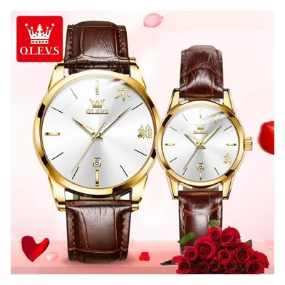 (white, 2PCS) Olevs 2pcs With Gift Box 2pcs Fashion Couple Watch Luminous Quartz Watch Men&apos;