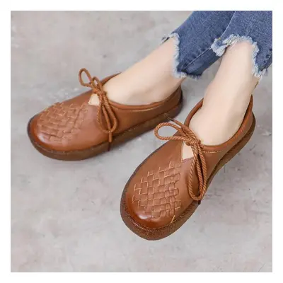 (brown, 42) Retro Women Loafers Genuine Leather Flat Shoes Slip On Soft And Comfortable Lace Up 