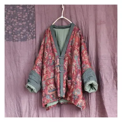 (red, One Size) Johnature Women Vintage Linen Parkas V-neck Print Floral Patchwork Button Coats 