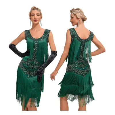 (green, L) 1920s Vintage Gatsby Ball Gown, Round Neck Sequin Embroidered Suspenders Large Size D