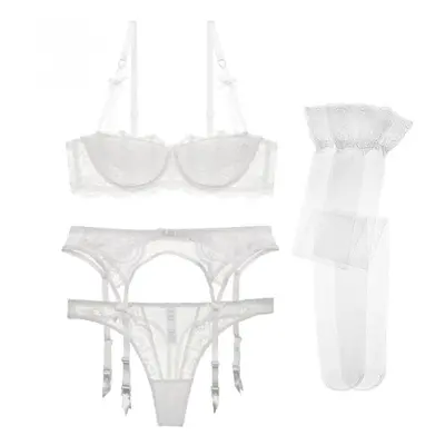 (white, 32A) Varsbaby Women Pcs Bra+thong+belt+stockings Lingerie Sets