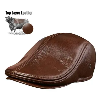 (brown, L(55-56cm)) High Quality Cow Leather Hat Men&apos;s Fashion Warm Thickened Beret With Hi