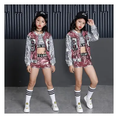 (as the picture, 120) Children Girls Sequins Hip Hop Costume Jazz Street Dance Clothing Piece Se