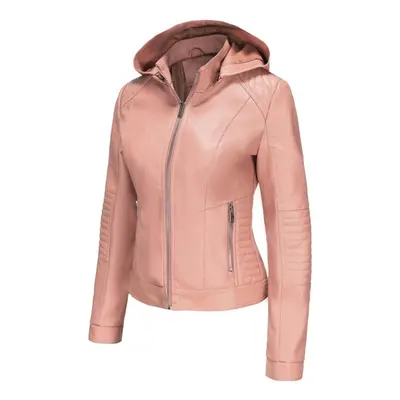 (pink, 3XL) Women's Bomber Jackets Faux Leather Removable Hooded Short Coats Slim Pu Motorcycle 