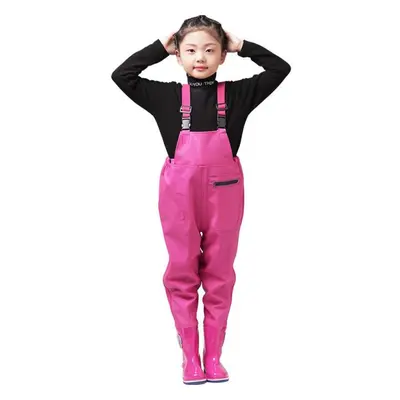 (pink, 32) Kids Outdoor Activities Fishing Bras With Boots Boys Girls Pvc Rain Pants Waterproof 