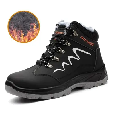 (black, 47) Men&apos;s Plush Safety Boots Steel Toe Warm Work Shoes Waterproof Anti-puncture Ant