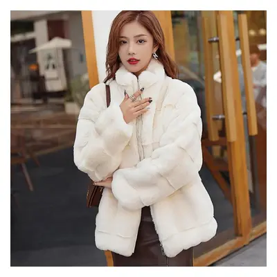 (white, XXL) Winter Women&apos;s Coat Long Sleeves Plush Jacket Fluffy Overcoats Zipper Faux Min