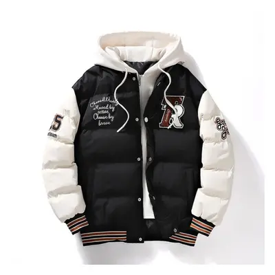 (black, XXXXL) Men&apos;s Winter Fashion Coat Fashion Fake Two Hooded Letter Printed Bread Shirt