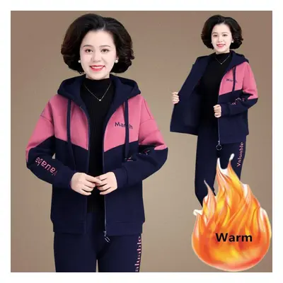 (pink, XXXXL) Winter Warm Pieces Sets Hooded Plush Lined Tracksuit High Waist Harem Pants Suit P