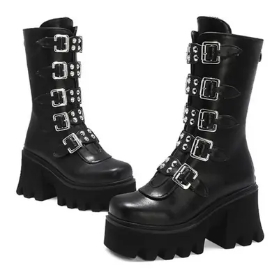 (black, 38) Women High Boots High Heel Mid-high Boots Motorcycle Boots Round-toe Zip Punk Goth M