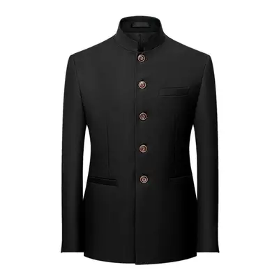 (black, 4XL) Men&apos;s Solid Color Stand Collar Suit Chinese Style Slim Fit Blazer Male Zhongsh