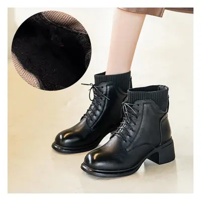 (black, 40) Johnature Winter New Genuine Leather Splicing Knitted Thick Heel Short Boots Versati