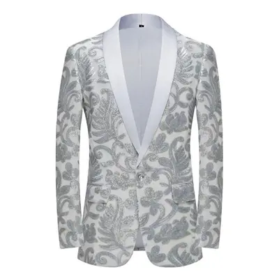 (white,silver, XL) Pyjtrl Mens Fashion Golden Shiny Sequin Floral Pattern Suit Jacket Blazer