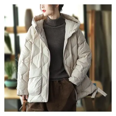 (beige, M) Winter Hooded Down Jacket Women White Duck Down Jacket Casual Loose Outwear Hooded Pu