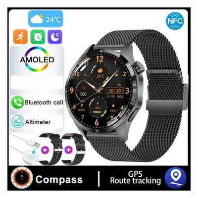 (black, Silicone+Leather+Milan) Smart Watch Men Watch Pro Amoled Hd Screen Bluetooth Call Nfc He