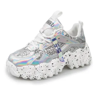 (silver, 37) Hoho Fair Women Shoes Reflective Chunky Sneakers Women Fashion Glitter Bling Vulcan