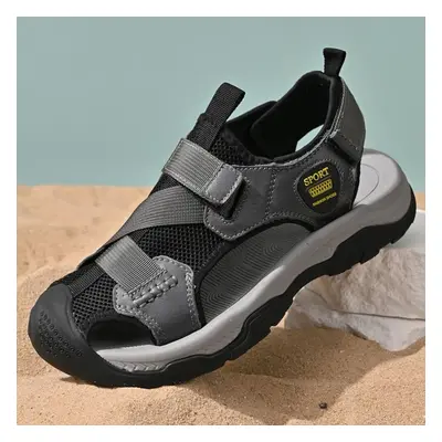 (gray, 43) Men&apos;s Genuine Leather Sandals Plus Size Beach Sandals Casual Shoes