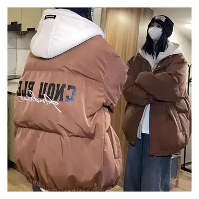 (coffee, XL) Winter Women Casual Down Jacket Coat Letter Hooded Streetwear Windproof Thicken Duc