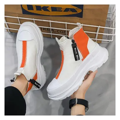 (orange, 41) Autumn Men Casual Sneakers Canvas Chunky Platform Ankle Boots High-cut Zip Patchwor