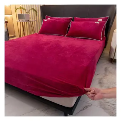 (wine red, Bed sheet (180x200x25cm)) Tafu Velvet Fitted Sheet Thick Winter 3D Cut And Plush Milk