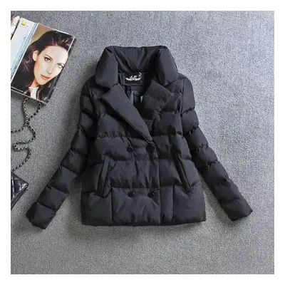 (black, XXL) Women&apos;s Short Slim Down Cotton Coat Thick Warm Coat Flip Collar Design Simple 