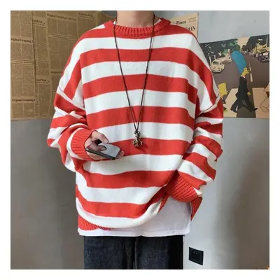 (red,white, 2XL) New Autumn Winter Casual Loose Sweater Pullovers Striped Jumper Warm Sweaters