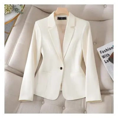 (white, 4XL) Autumn New Casual Tops Long Sleeve Office Lady Blazers Elegant Solid Color Button A