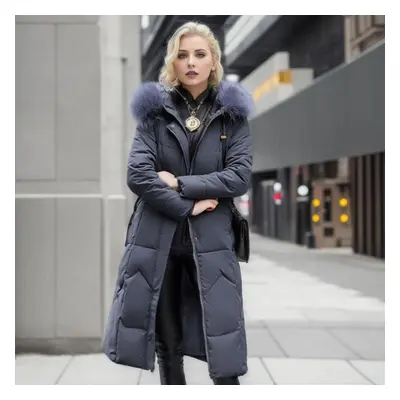 (grey, L) Women&apos;s Mid Length Winter Fashionable Slim Fitting Cotton Jacket With Large Fur C