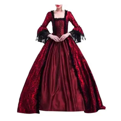 (burgundy, L) S-5xl Plus Size Court Dress Lace Stitching Large Dress Retro Medieval Renaissance 