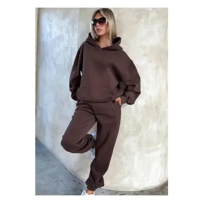 (coffee, M) Women&apos;s Solid Color Sweatshirt Set Autumn And Winter Long-sleeved Hooded Fleece