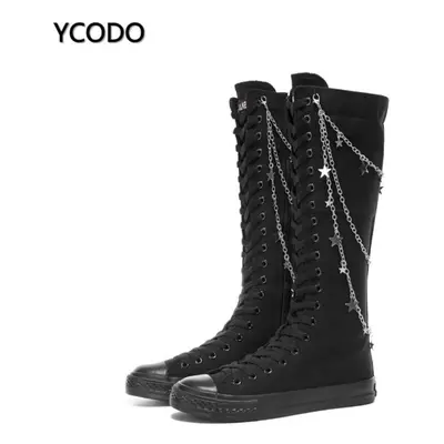 (black, 40) Spring Autumn Women Boots Canvas Mid Calf Boots Casual High Top Shoes Long Boots Lac