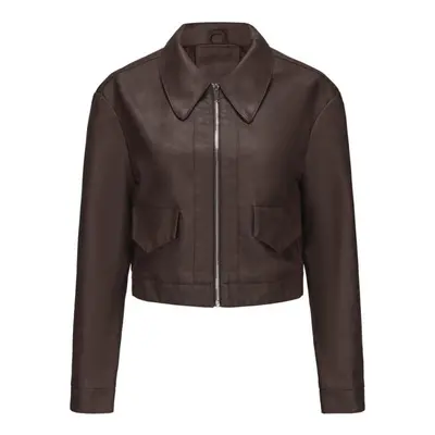 (coffee, L) Faux Leather Jackets For Women Thin Crop Top Short Jacket Long Sleeves Lapel Zipper 