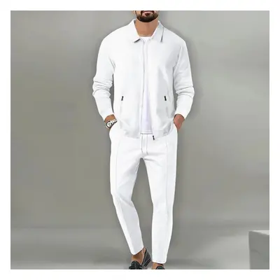 (white, XXL) Lapel Slim Fitting Male Coat Waffle Zipper Pocket Long Sleeved Sportswear Man Cardi