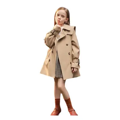 (khaki, 140) Girls&apos; Wind Coat Medium And Large Children Thickened Children&apos;s Mid-lengt