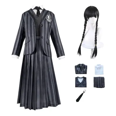 (S, Costume Set with Wig) Wednesday The Addams Family Cosplay Costume Nevermore Academy School U