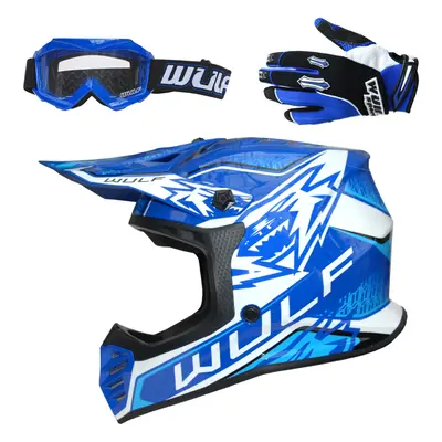 (Blue, XL(53-54cm)) Wulfsport Kids Air-X Cub Helmet Motocross ATV Crash + Stratos Gloves + Goggl