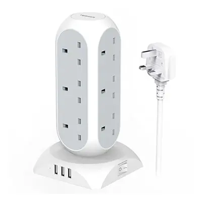 Tower Extension Lead with USB, TESSAN Way Multi Plug Socket USB Ports with 2M Cable, Vertical Ex