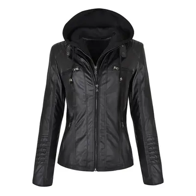 (black, 4XL) All Season Women&apos;s Fashion Bomber Zipper Leather Jacket Hooded Faux Coats Wint