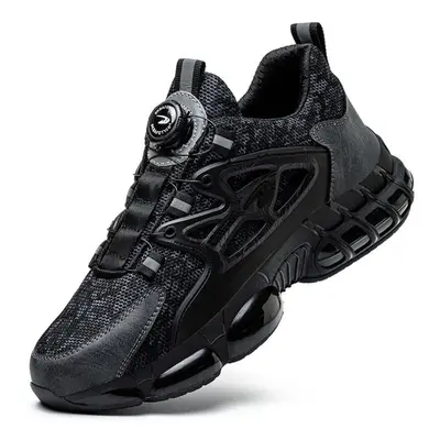 (black gray, 39) High-quality Safety Shoes Rotating Button Men Sport Shoes Anti Smashing Anti Pi