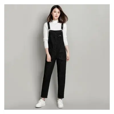 (black, XXXL) Fashion Loose Pocket Jeans Women Autumn Bib Pants Overalls Shoulder Strap Jumpsuit