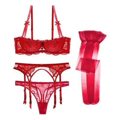 (red, 42C) Varsbaby Women Pcs Bra+thong+belt+stockings Lingerie Sets