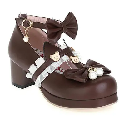 (brown, 47) Women Shoes Plus Size Lace Bow Buckle Cute Lolita Girls Shoes Cartoon Bear Pearl Mar