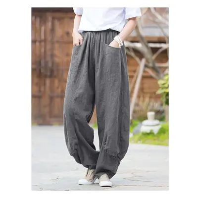 (gray, L) Johnature Women Casual Linen Wide Leg Pants Elastic Waist Solid Color Trouser Spring P