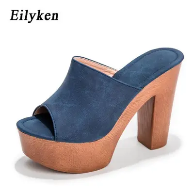 (blue, 42) Eilyken Fashion Wood Grain High Heels New Women Slippers Summer Roman Peep Toe Platfo