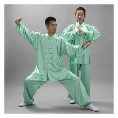 (green, M) 2pcs/set Unisex Button Placket Shirt Loose Solid Color Chinese Traditional Tai Chi Su