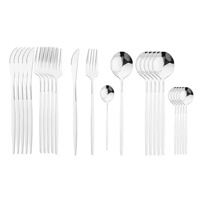 (white,silver, 24pcs) 24pcs Black Handle Golden Cutlery Set Stainless Steel Knife Fork Spoon Tab