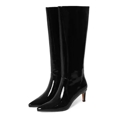 (black, 33) Meotina Women Genuine Leather Knee High Boots Thin High Heel Pointed Toe Fashion Lad